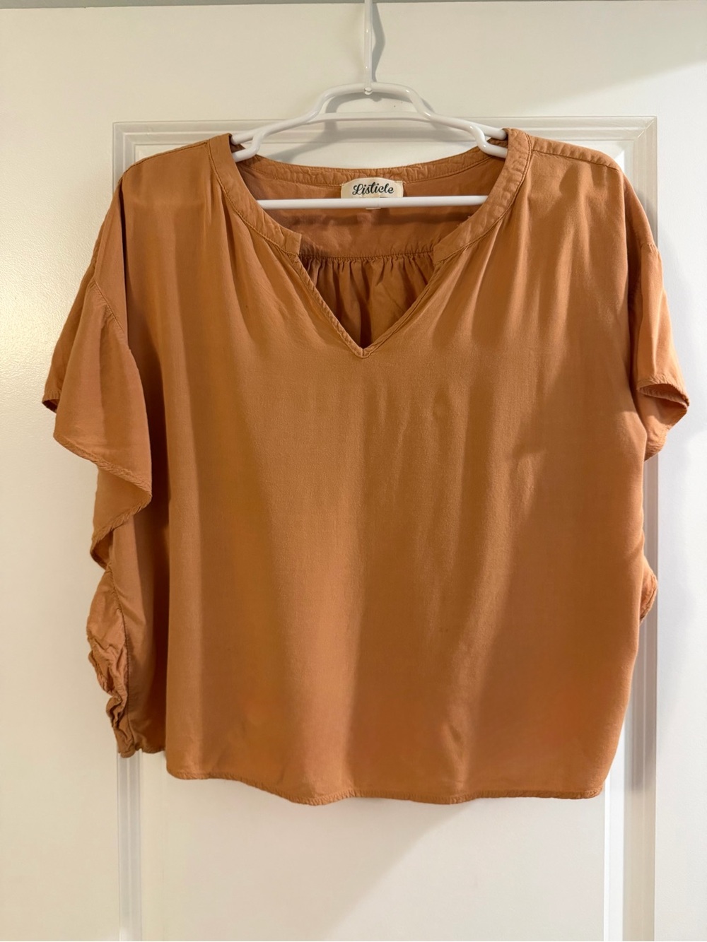 Listicle Women's V-Neck Short Sleeve Top with ruffle sides in Tan size M